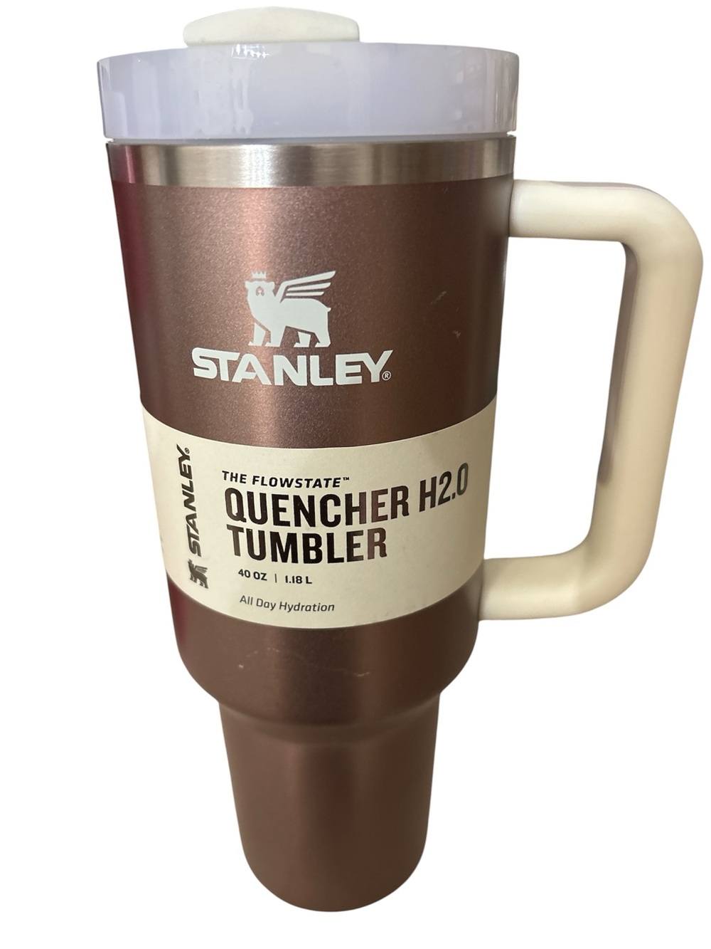Stanley Metallic Rose Travel Tumbler with Cream Handle and White Lid